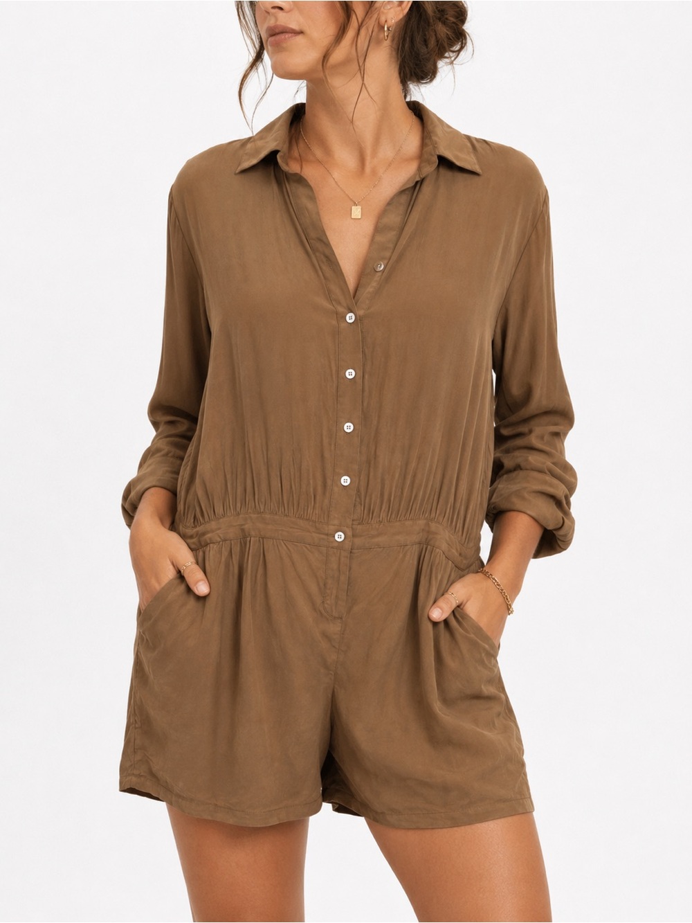 Haute Hippie Brown 100% Silk Romper M 8 10 Long Sleeve Boho Luxury